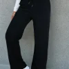 Clearance Dear-Lover Solid Color Fleece Lined Drawstring Waist Casual Pants Black