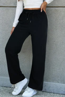 Clearance Dear-Lover Solid Color Fleece Lined Drawstring Waist Casual Pants Black