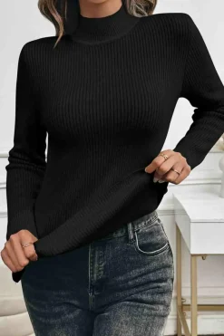 Discount Dear-Lover Solid Color Fleece Lined High Neck Slim Fit Sweater Black