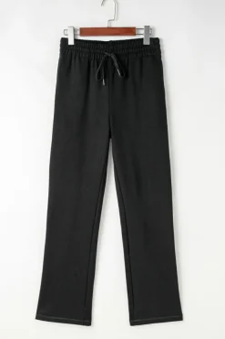 Clearance Dear-Lover Solid Color Fleece Lined Drawstring Waist Casual Pants Black