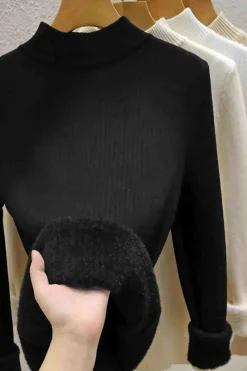 Discount Dear-Lover Solid Color Fleece Lined High Neck Slim Fit Sweater Black