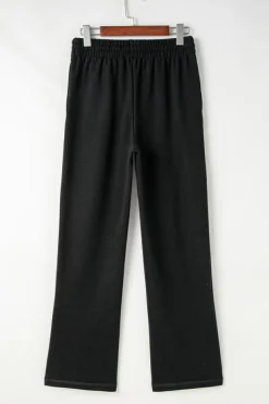 Clearance Dear-Lover Solid Color Fleece Lined Drawstring Waist Casual Pants Black