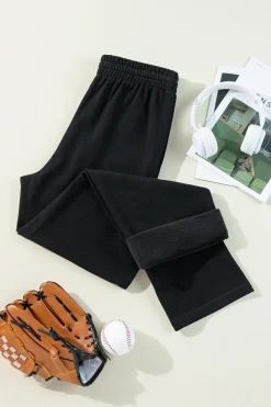 Clearance Dear-Lover Solid Color Fleece Lined Drawstring Waist Casual Pants Black