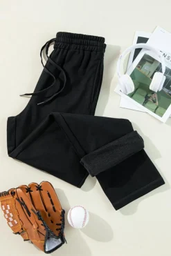 Clearance Dear-Lover Solid Color Fleece Lined Drawstring Waist Casual Pants Black
