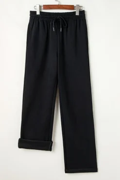 Clearance Dear-Lover Solid Color Fleece Lined Drawstring Waist Casual Pants Black