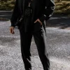 Clearance Dear-Lover Solid Color High Low Pullover and Skinny Pants Set Black