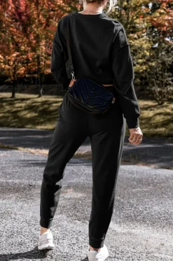 Clearance Dear-Lover Solid Color High Low Pullover and Skinny Pants Set Black