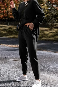 Clearance Dear-Lover Solid Color High Low Pullover and Skinny Pants Set Black