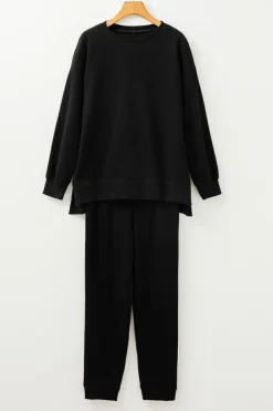 Clearance Dear-Lover Solid Color High Low Pullover and Skinny Pants Set Black