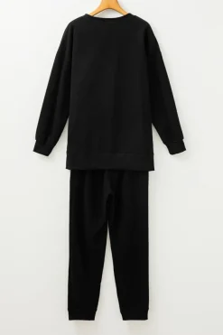 Clearance Dear-Lover Solid Color High Low Pullover and Skinny Pants Set Black