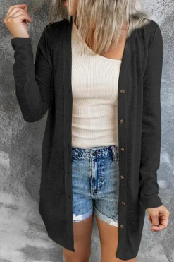 Fashion Dear-Lover Solid Color Open-Front Buttons Cardigan Black