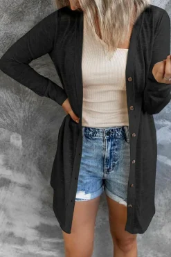 Fashion Dear-Lover Solid Color Open-Front Buttons Cardigan Black