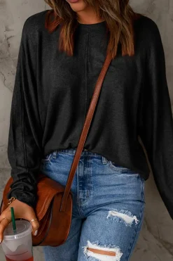 Fashion Dear-Lover Solid Color Patchwork Long Sleeve Top Black