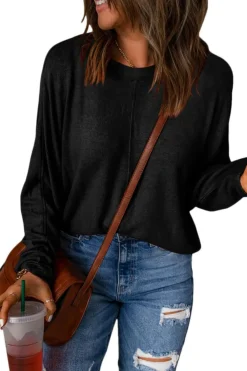 Fashion Dear-Lover Solid Color Patchwork Long Sleeve Top Black