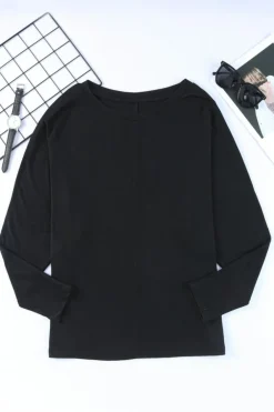 Fashion Dear-Lover Solid Color Patchwork Long Sleeve Top Black