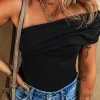 Fashion Dear-Lover Solid Color Pleated One Shoulder Bodysuit Black