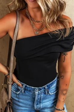 Fashion Dear-Lover Solid Color Pleated One Shoulder Bodysuit Black