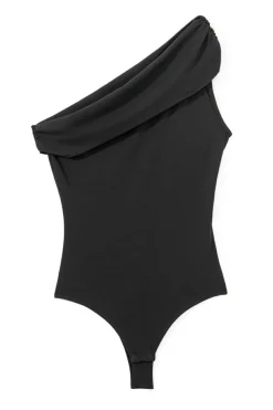 Fashion Dear-Lover Solid Color Pleated One Shoulder Bodysuit Black