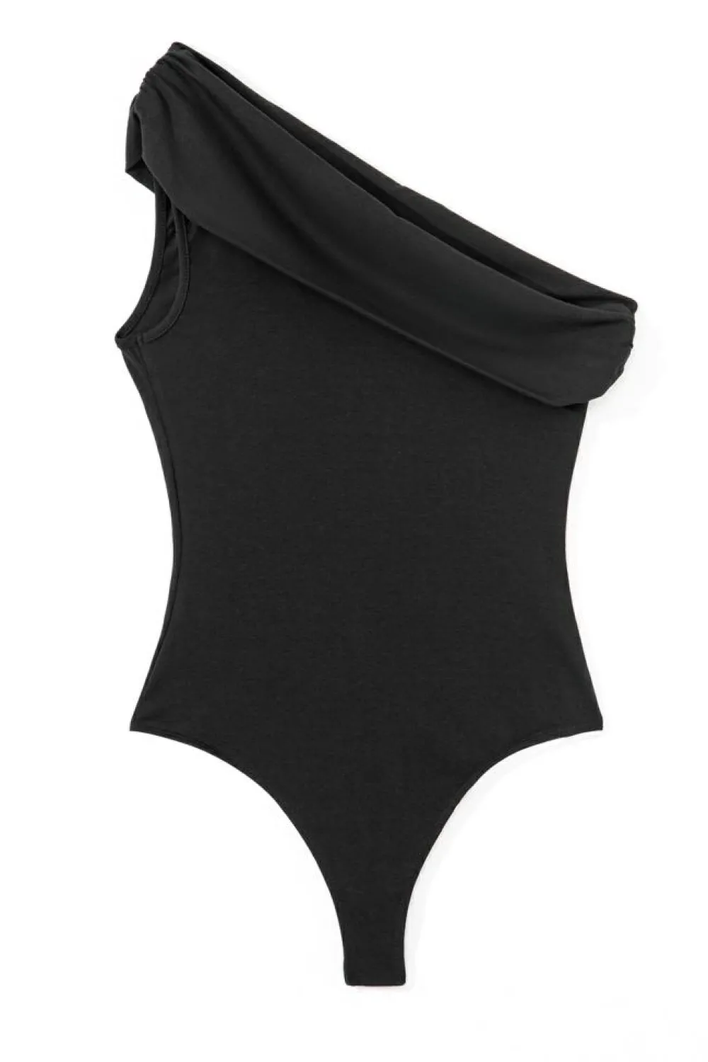 Fashion Dear-Lover Solid Color Pleated One Shoulder Bodysuit Black