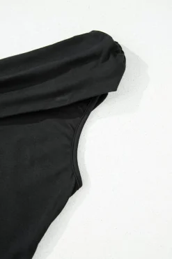 Fashion Dear-Lover Solid Color Pleated One Shoulder Bodysuit Black