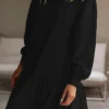 Online Dear-Lover Solid Color Puff Sleeve Ruffle Hem Mini Dress Black