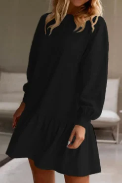 Online Dear-Lover Solid Color Puff Sleeve Ruffle Hem Mini Dress Black
