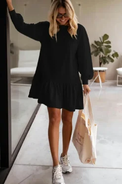Online Dear-Lover Solid Color Puff Sleeve Ruffle Hem Mini Dress Black