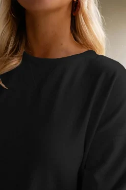 Online Dear-Lover Solid Color Puff Sleeve Ruffle Hem Mini Dress Black