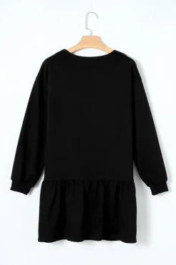 Online Dear-Lover Solid Color Puff Sleeve Ruffle Hem Mini Dress Black