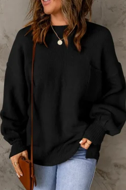 Hot Dear-Lover Solid Color Puffy Sleeve Pocketed Sweater Black