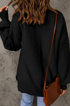 Hot Dear-Lover Solid Color Puffy Sleeve Pocketed Sweater Black