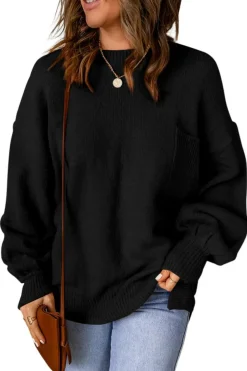 Hot Dear-Lover Solid Color Puffy Sleeve Pocketed Sweater Black