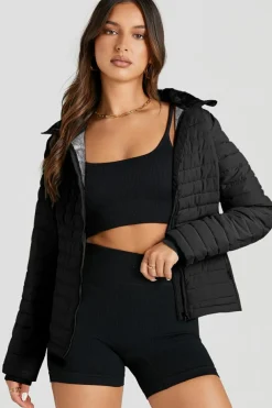Sale Dear-Lover Solid Color Quilted Zip-up Puffer Jacket Black