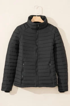 Sale Dear-Lover Solid Color Quilted Zip-up Puffer Jacket Black