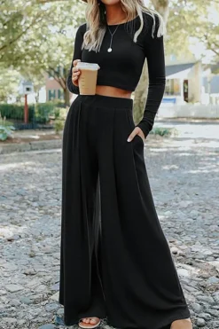 Fashion Dear-Lover Solid Color Ribbed Crop Top Long Pants Set Black