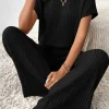Best Dear-Lover Solid Color Ribbed Short Sleeve Wide Leg Jumpsuit Black