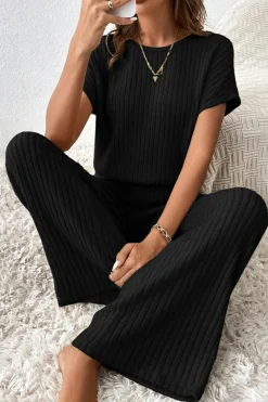 Best Dear-Lover Solid Color Ribbed Short Sleeve Wide Leg Jumpsuit Black