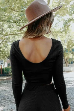Fashion Dear-Lover Solid Color Ribbed Crop Top Long Pants Set Black