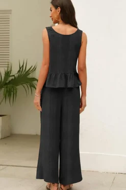 Online Dear-Lover Solid Color Ribbed Ruffle Tank Top and Pants Set Black