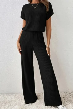 Best Dear-Lover Solid Color Ribbed Short Sleeve Wide Leg Jumpsuit Black