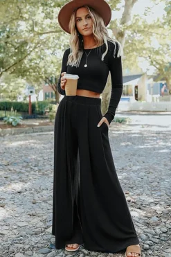 Fashion Dear-Lover Solid Color Ribbed Crop Top Long Pants Set Black