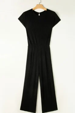Best Dear-Lover Solid Color Ribbed Short Sleeve Wide Leg Jumpsuit Black