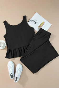 Online Dear-Lover Solid Color Ribbed Ruffle Tank Top and Pants Set Black