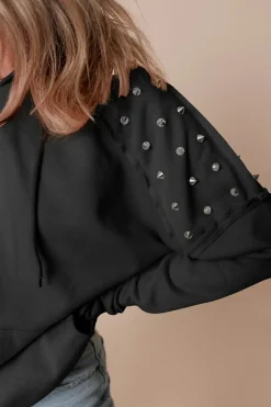 Fashion Dear-Lover Solid Color Rivet Stud Raglan Sleeve Hoodie with Pocket Black