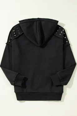 Fashion Dear-Lover Solid Color Rivet Stud Raglan Sleeve Hoodie with Pocket Black