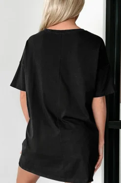 Sale Dear-Lover Solid Color Round Neck Basic Tunic T Shirt Black