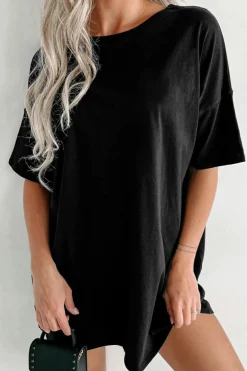 Sale Dear-Lover Solid Color Round Neck Basic Tunic T Shirt Black