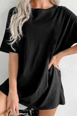 Sale Dear-Lover Solid Color Round Neck Basic Tunic T Shirt Black
