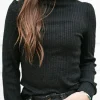 Discount Dear-Lover Solid Color Ruffled High Neck Long Sleeve Top Black