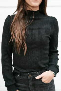 Discount Dear-Lover Solid Color Ruffled High Neck Long Sleeve Top Black